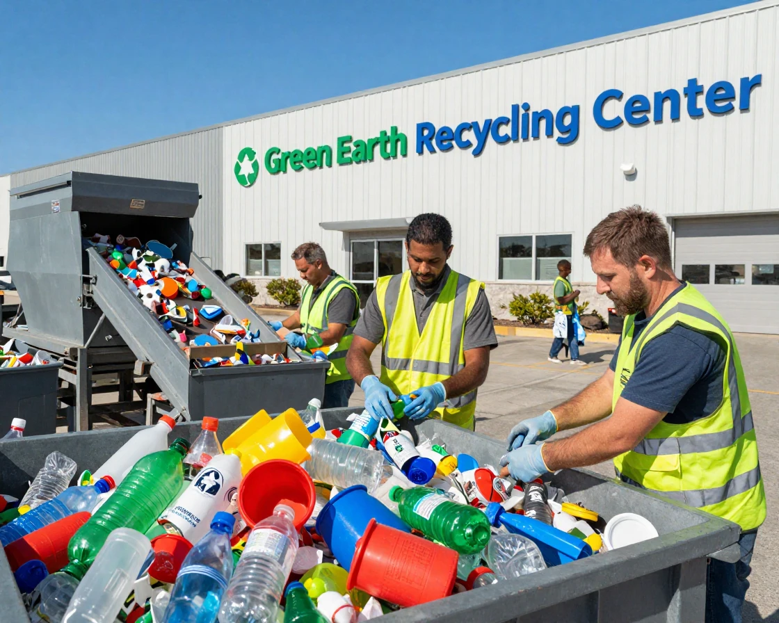 A recycling center sorting colorful plastic materials