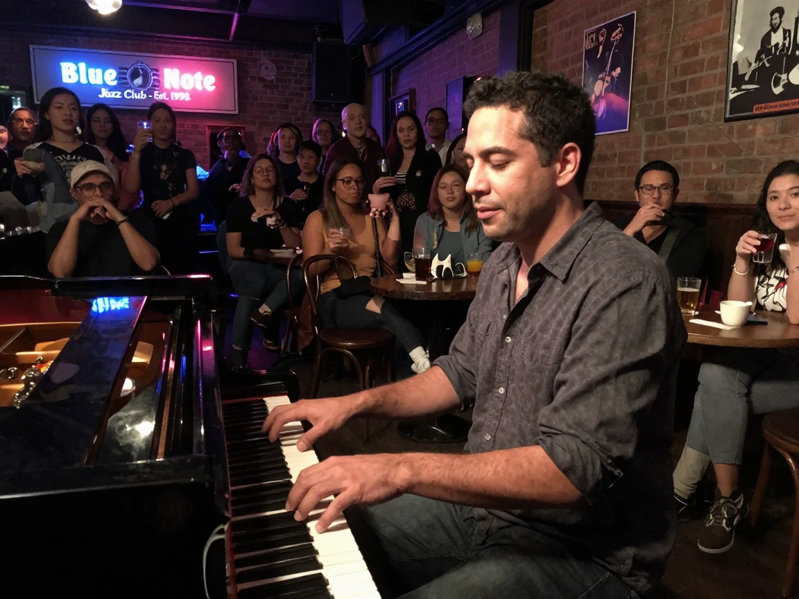 A jazz pianist closes his eyes mid-solo at a crowded late-night club.