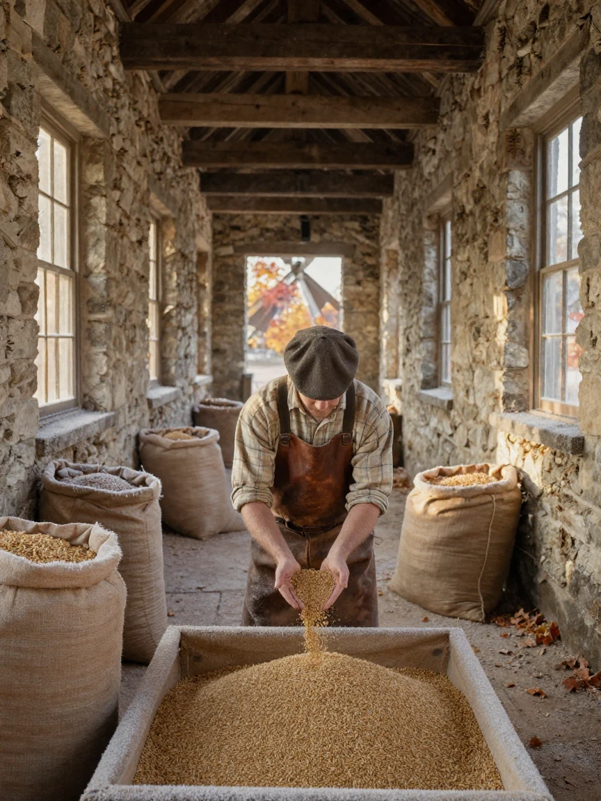 A miller checking grain inside an old stone windmill, in warm morning light, with frost coating every surface, as autumn leaves turn gold and red, in warm honey and cream tones, framed symmetrically down a long corridor.