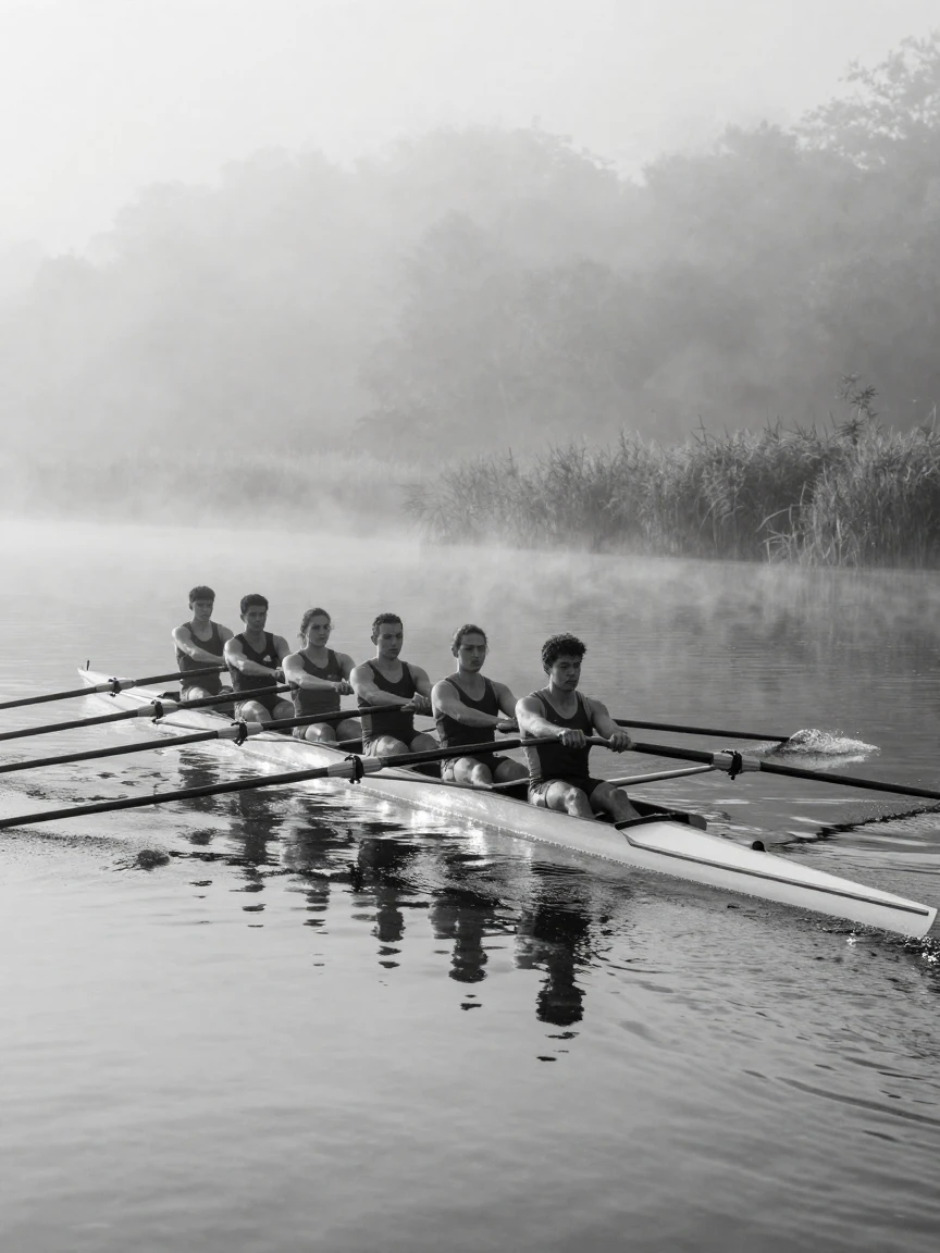 A group of rowers pulls in unison across calm water on a misty morning lake.