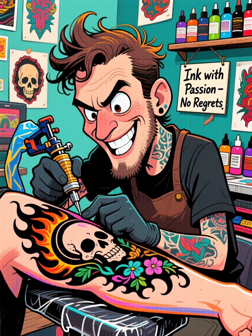 A tattoo artist focused intently on inking an intricate design on someone's arm.