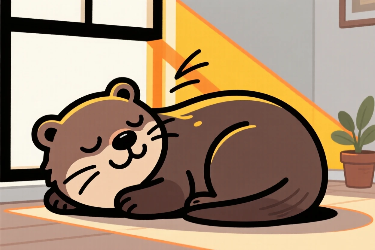 A playful pet moment featuring a playful otter curling up for a nap in a sunbeam, with ears flopping comically in the wind.