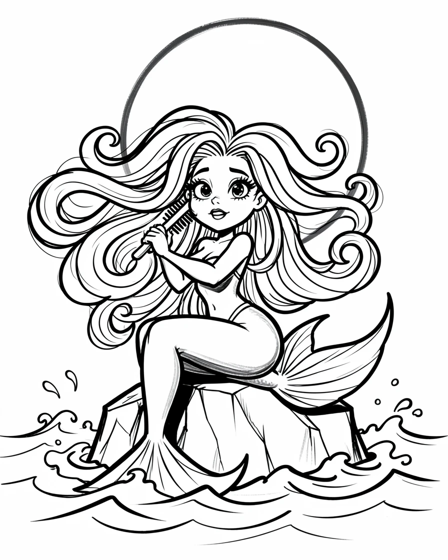 [Fantasy & Imaginative Scenarios] Imaginative fantasy scene of a mermaid combing her hair on a moonlit rock surrounded by waves, brimming with wonder