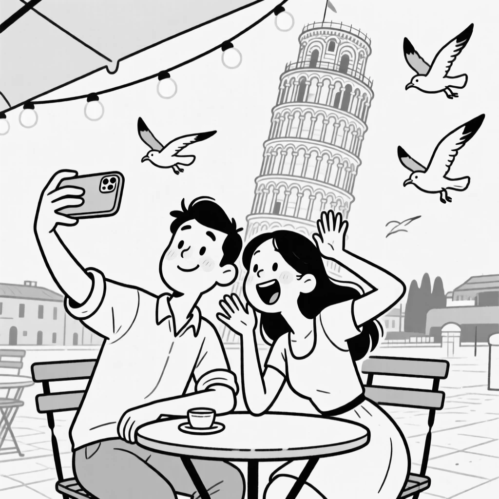 A couple posing for a wobbly selfie at a famous landmark, pretending to push the tower back into place, set at a charming café table under string lights. Seagulls circle hopefully overhead. The scene captures the giddy chaos of exploring somewhere new.