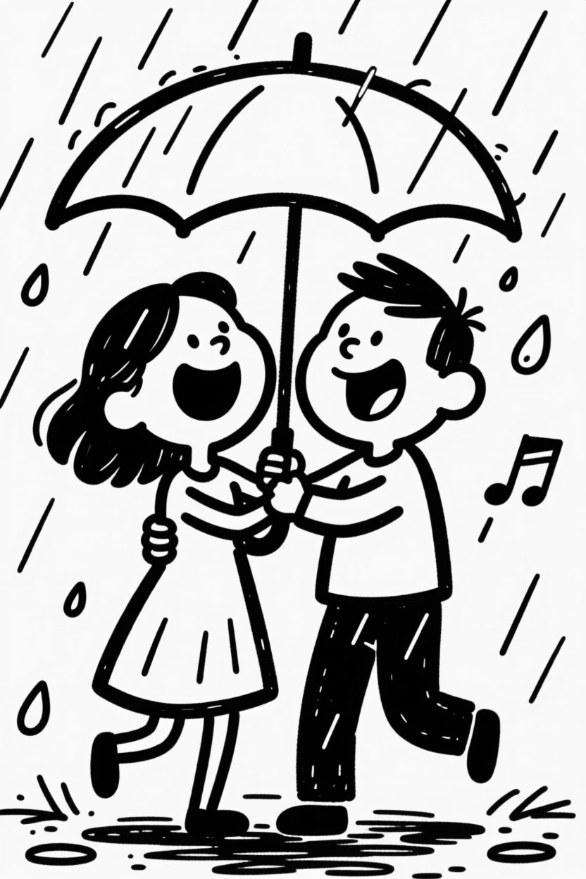A couple sharing a laugh while getting caught in a sudden downpour without an umbrella.