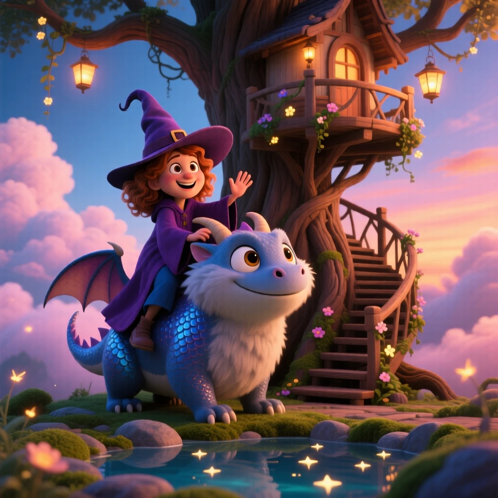 A witch with a pointed hat stands inside a treehouse spiraling into the clouds, riding on the back of a friendly creature. The atmosphere feels mystical yet warmly inviting, with stars reflected in a nearby pool of water.