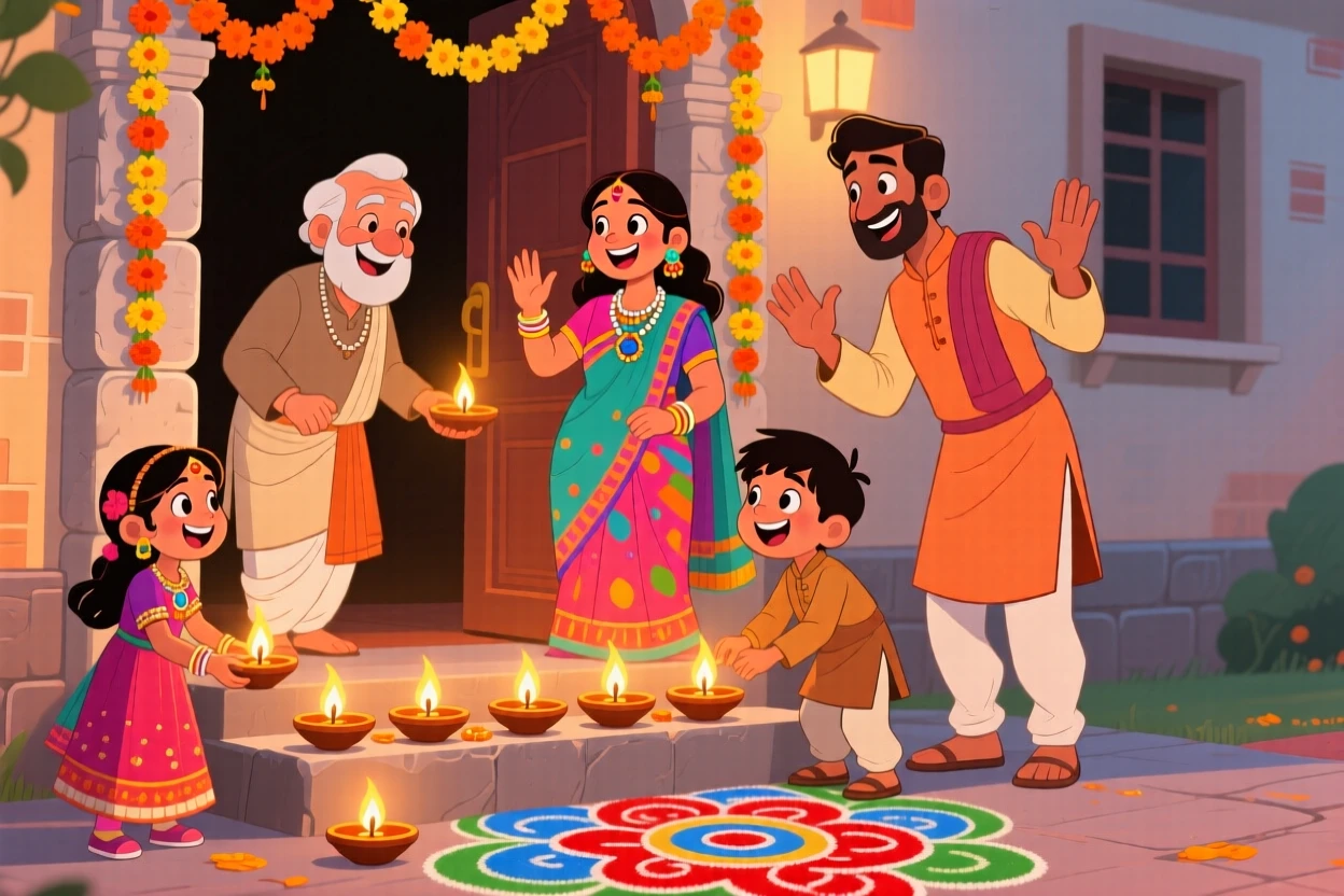A family in India lighting oil lamps along a doorway during Diwali.