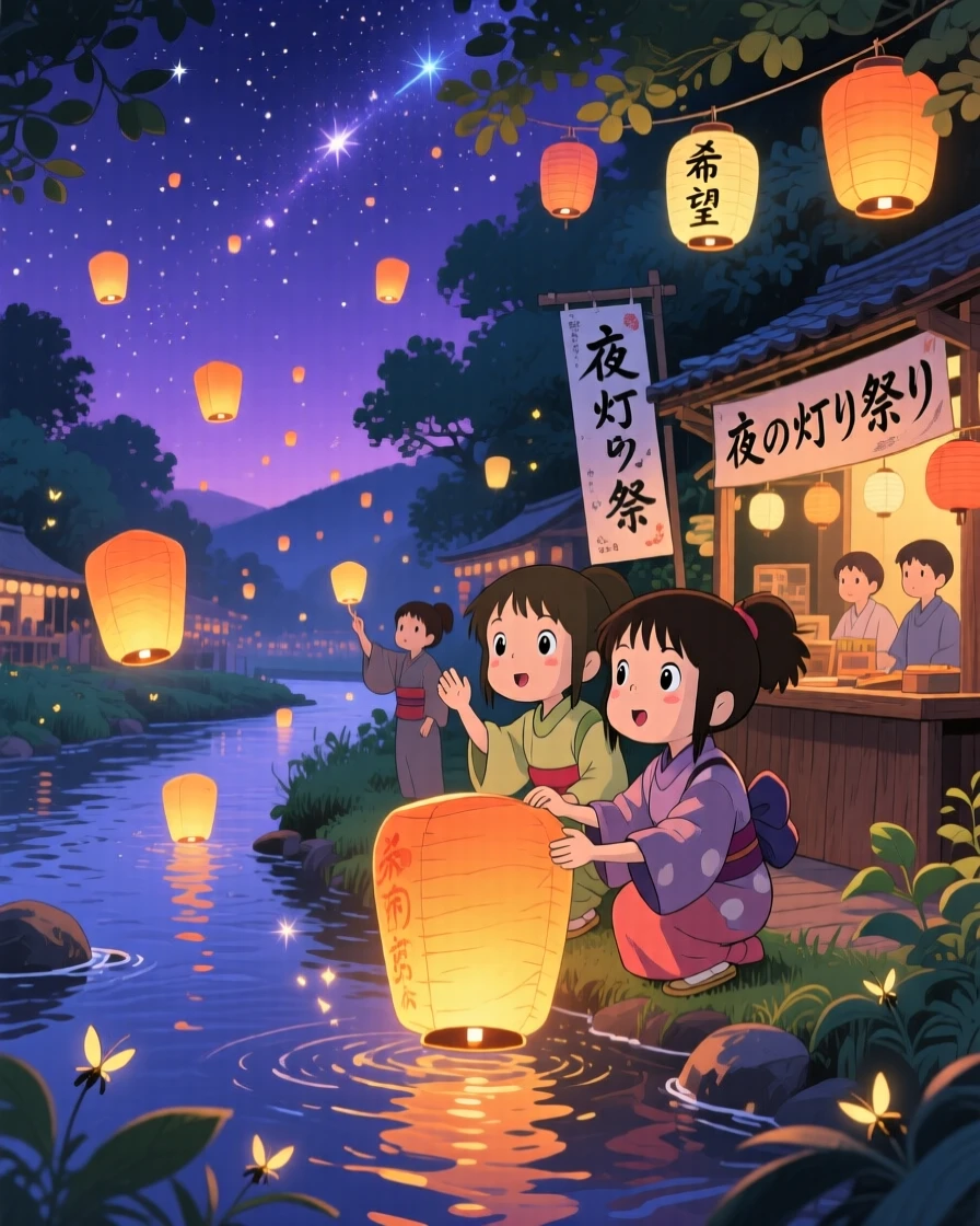 A nighttime scene of a festival of floating paper lanterns released over a river, dreamlike beneath the stars.