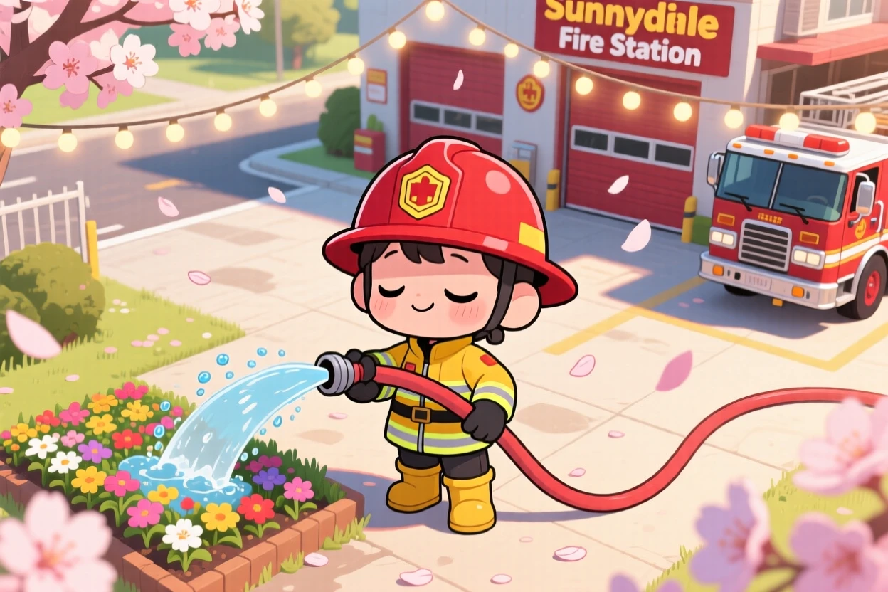 In a sunny fire station yard, a little firefighter is watering a small garden with a hose like a hero as cherry blossom petals drift on the breeze, bathed in warm fairy-light glow, expression full of sleepy relaxation. Shot as a bird's-eye view.