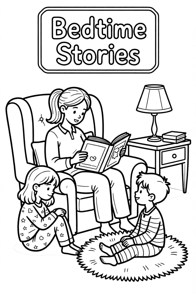 A mother reading a bedtime story to her children