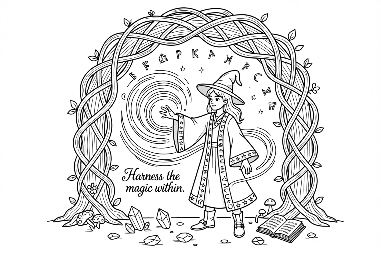 A wizard casting a spell with swirling energy, with tangled thorns forming an archway above.