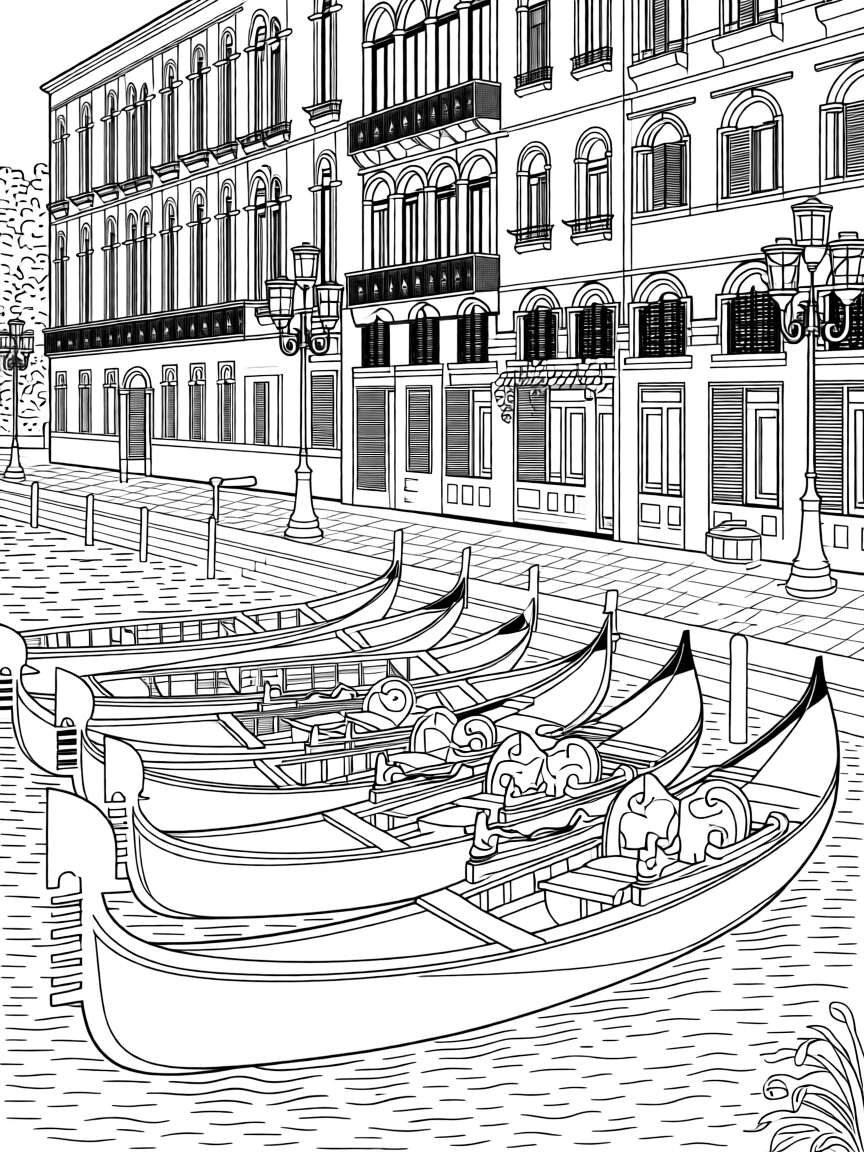 A row of traditional gondolas moored along a quiet canal.