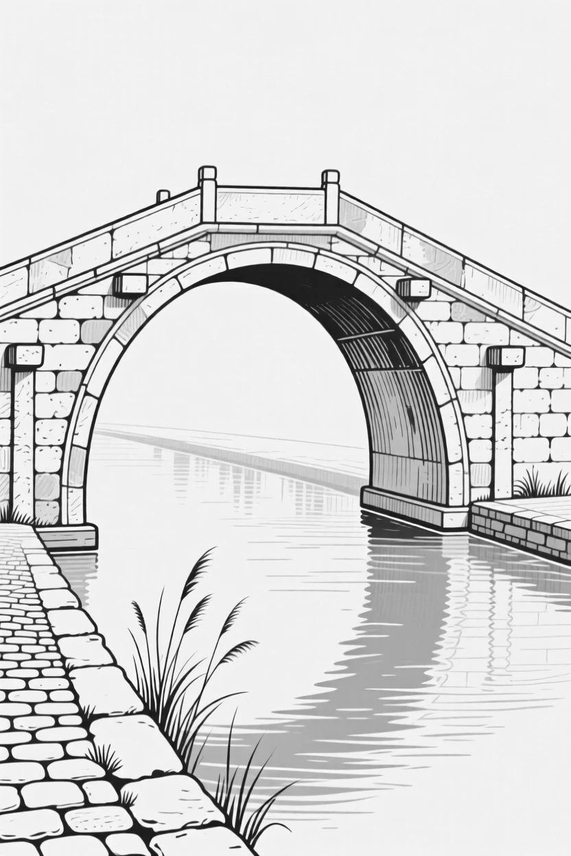 An ancient stone bridge arching over a quiet canal