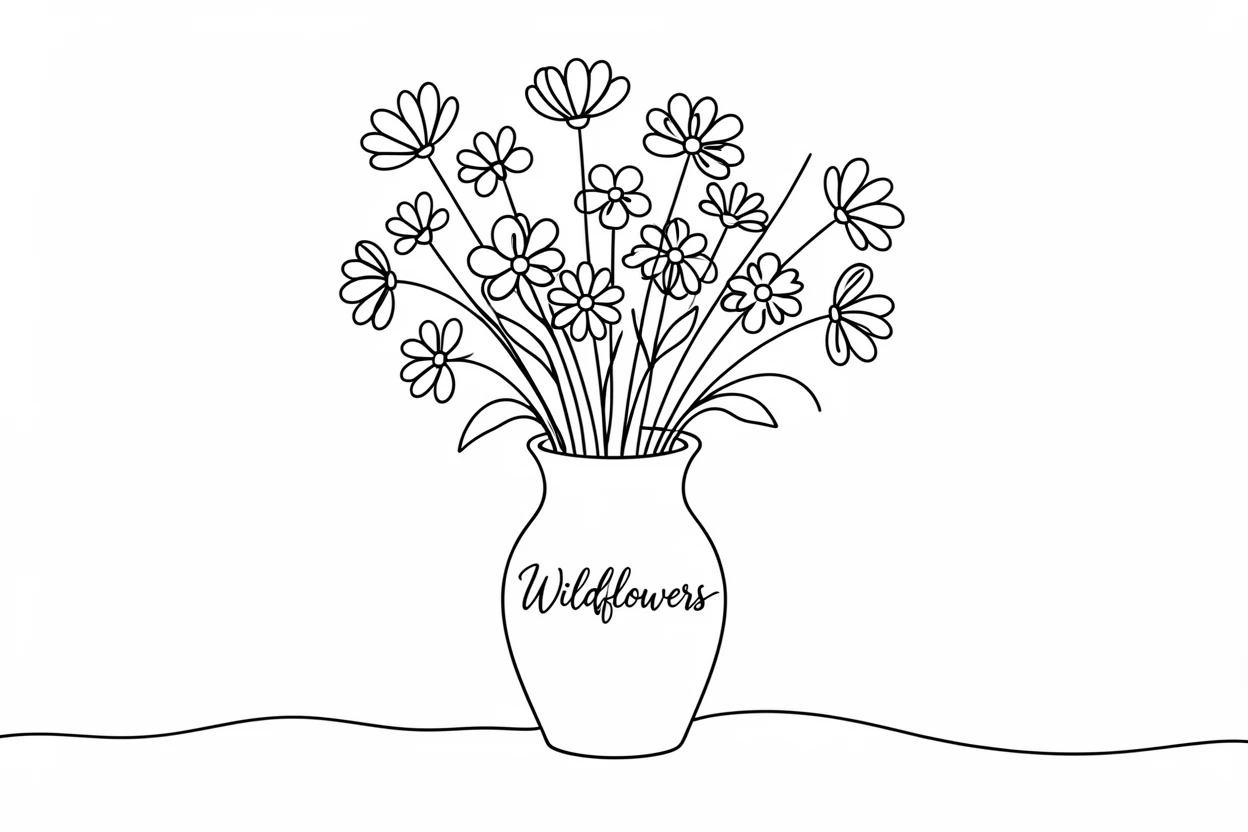 A vase overflowing with a bouquet of mixed wildflowers on a wooden table