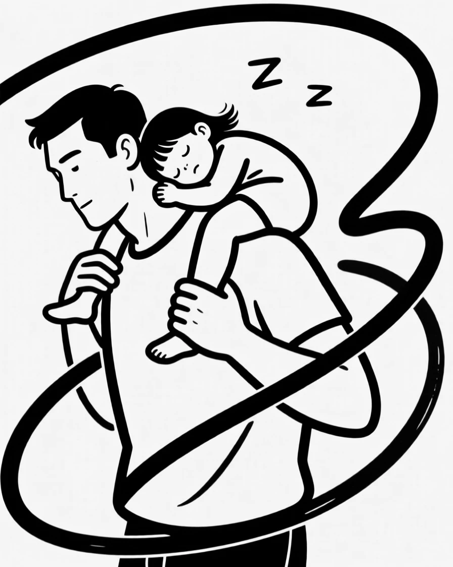 A father carrying his sleepy daughter on his shoulders after a long day.