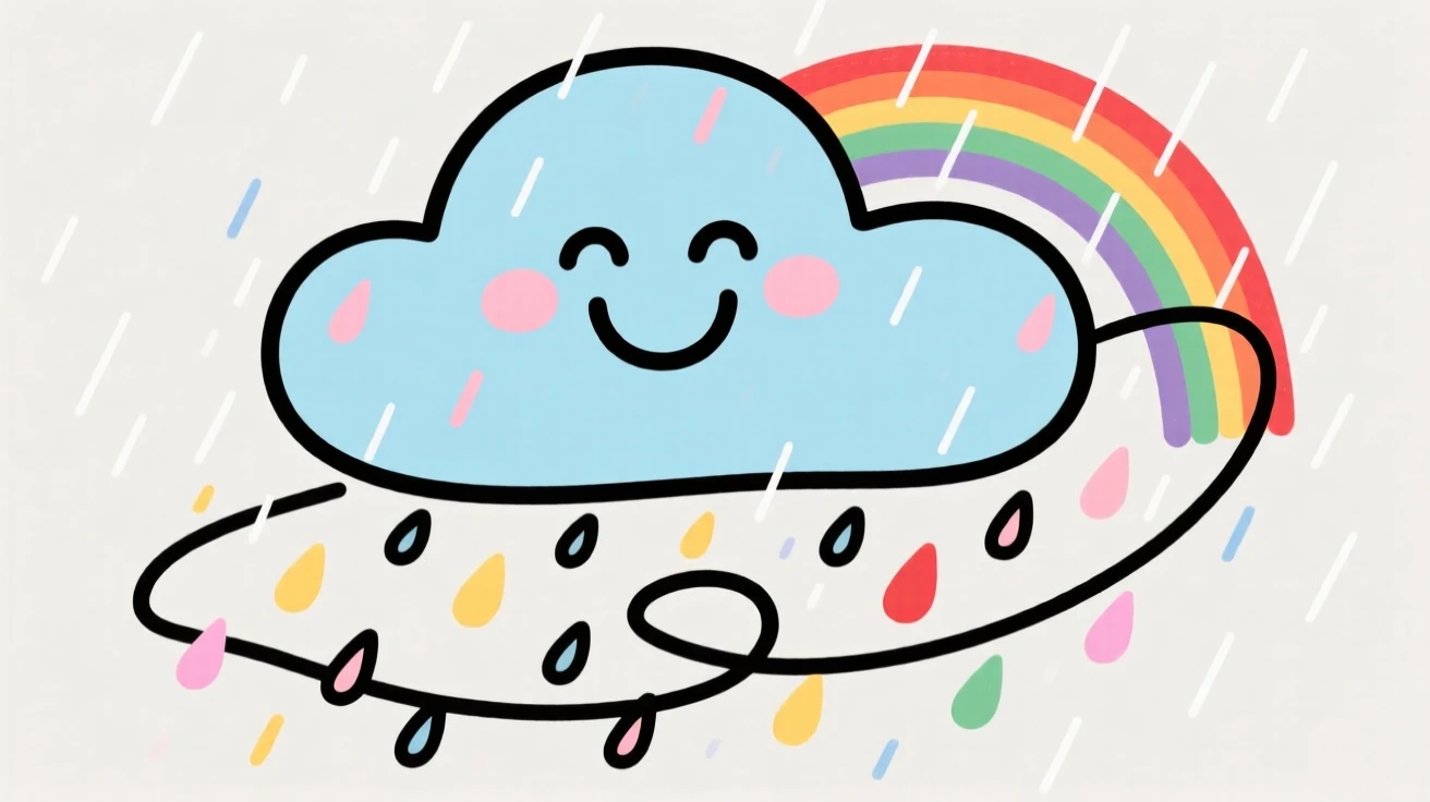 A smiling cartoon cloud raining tiny drops onto a rainbow below.