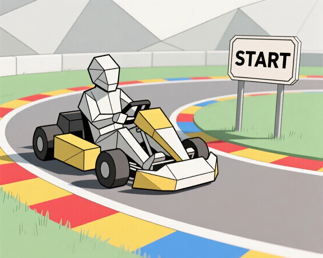 A go-kart racing around a colorful track