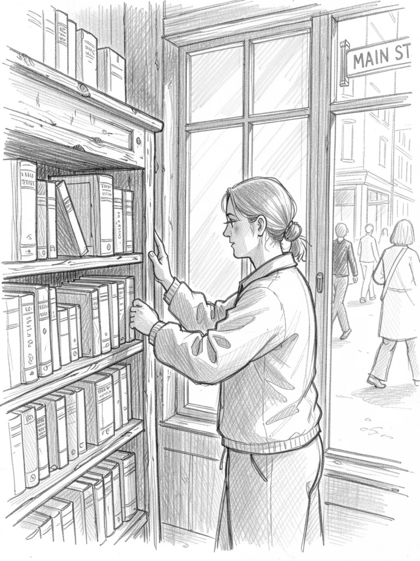 A candid slice-of-life scene of a librarian shelving old books on a bustling downtown corner, with golden morning light streaming through windows.