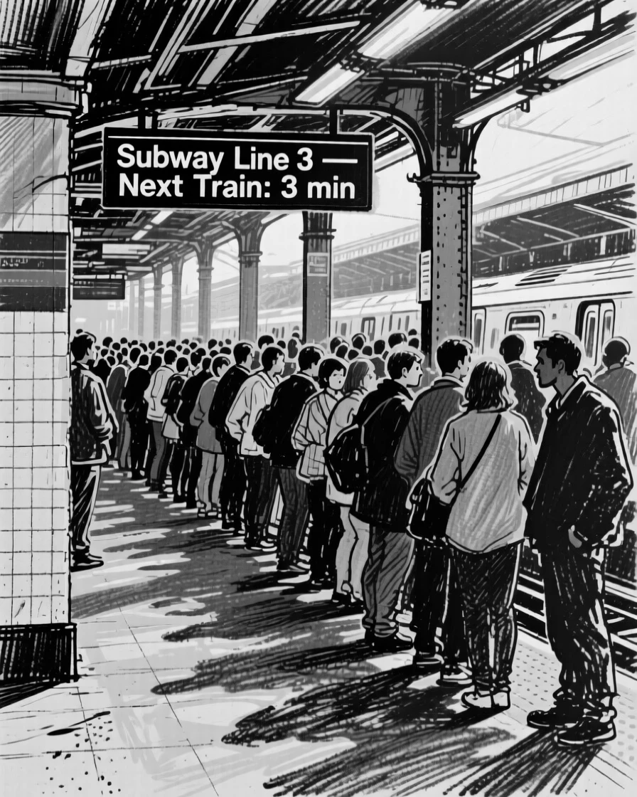 A crowded subway platform during rush hour, as golden afternoon sun spills across the scene.