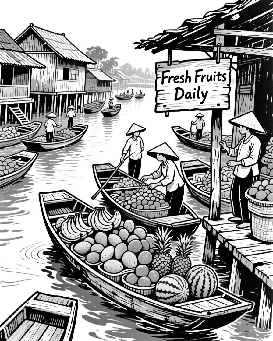 The floating markets of a river town with boats piled high with fruit.