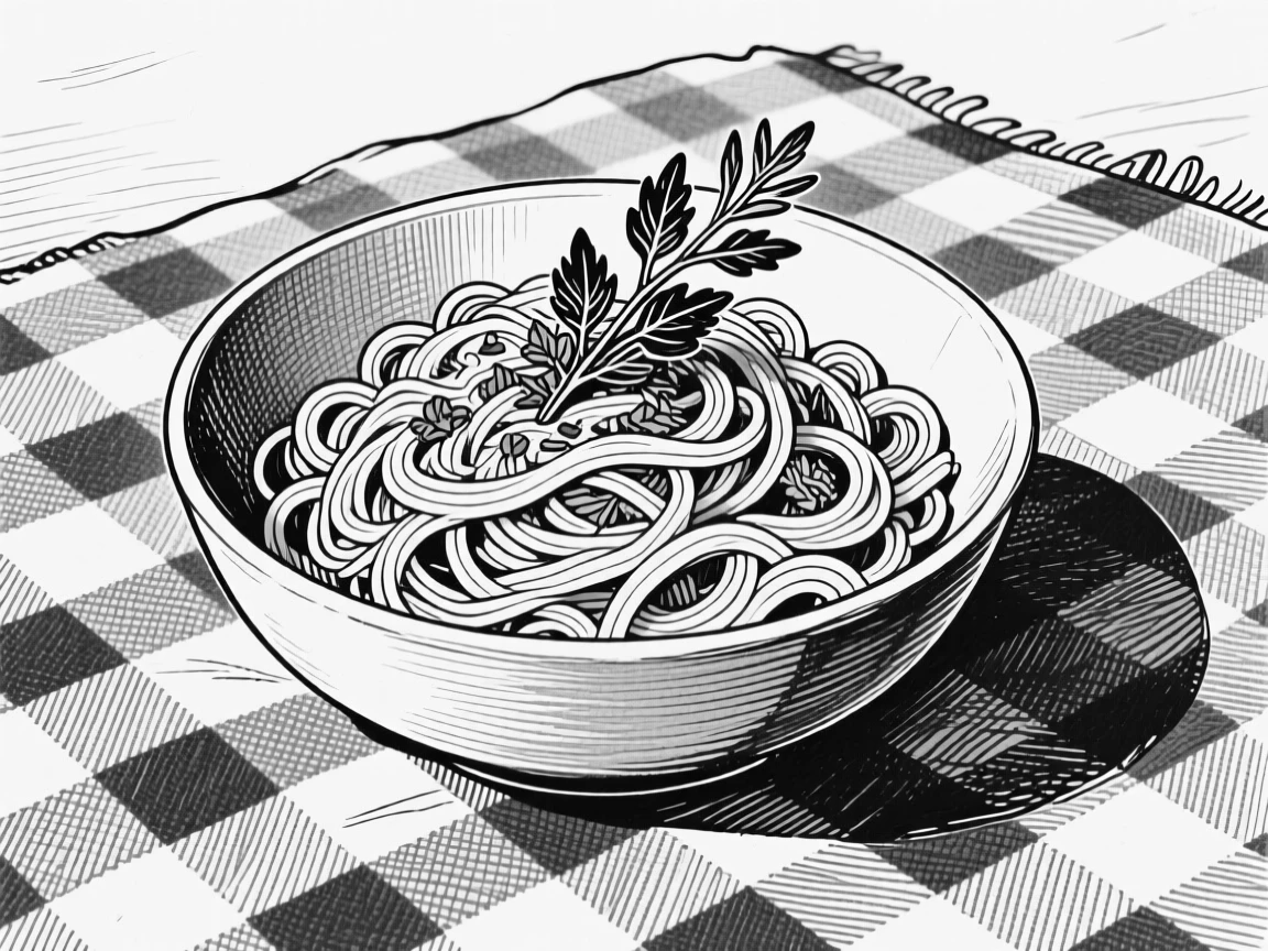 A bowl of fresh pasta with herbs resting on a checkered picnic blanket, with a sprig of herbs used as garnish, presented in a richly appetizing culinary still life.