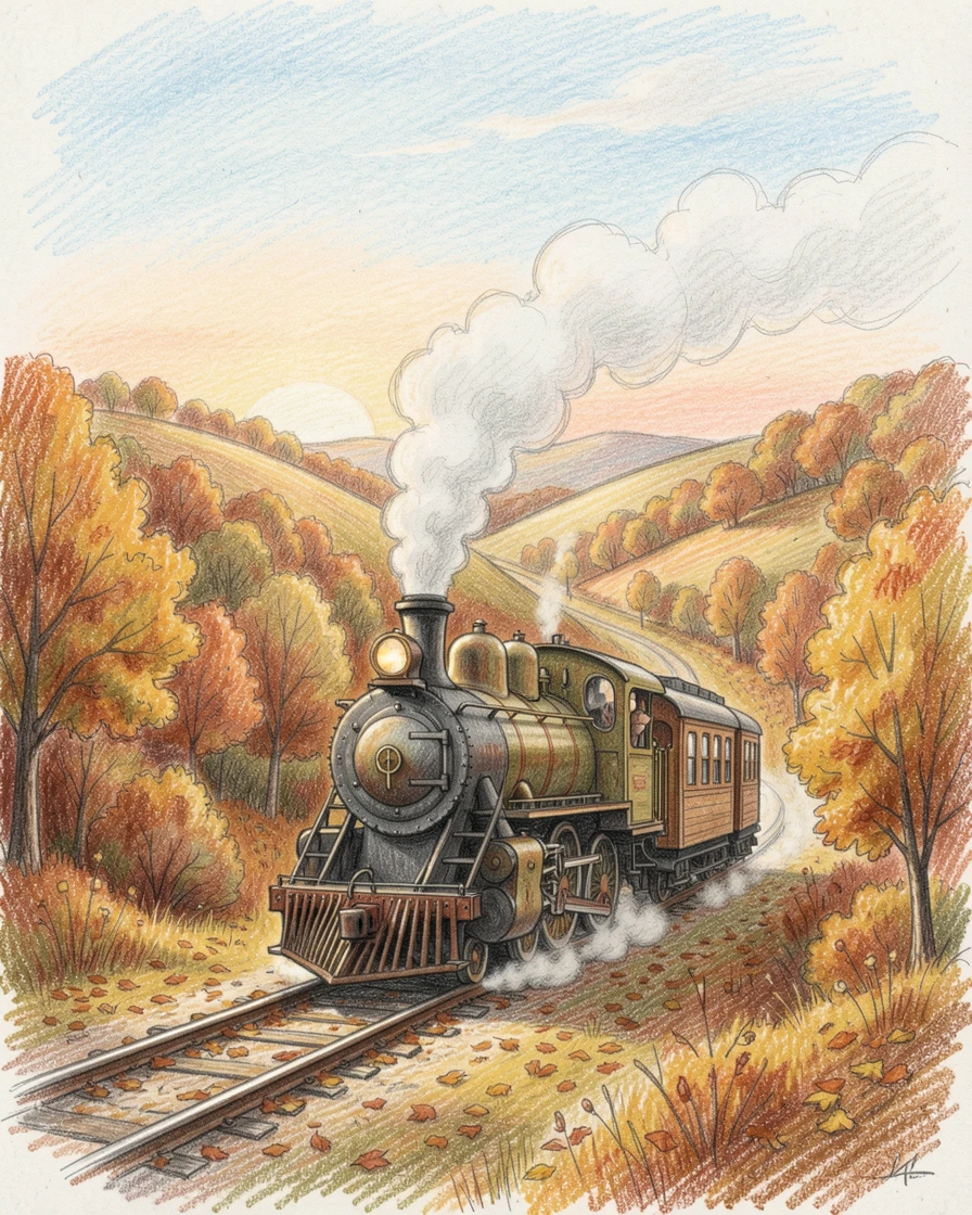 A vintage train chugging through a golden autumn valley, framed thoughtfully to draw the eye toward the central subject, perfect for anyone drawn to gentle, heartfelt imagery.