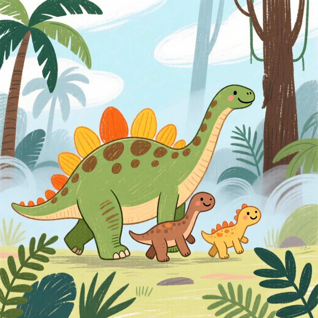 A Stegosaurus family wandering through a misty prehistoric jungle.