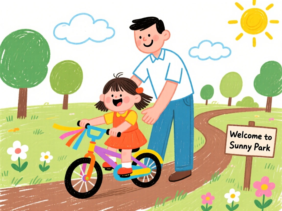 A father teaching his daughter to ride a bicycle in the park.