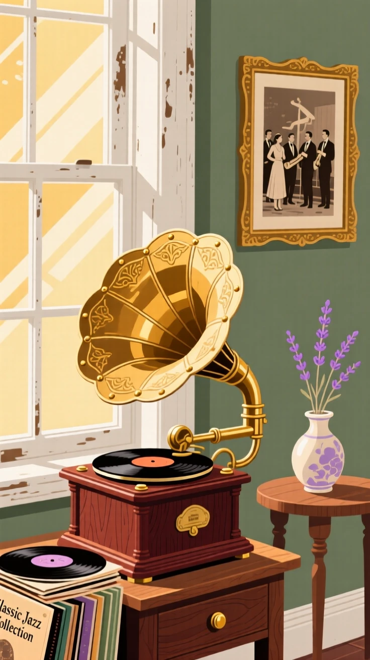 A vintage gramophone with a large brass horn, placed beside a sunlit window, arranged with complementary objects nearby for context, with soft golden light highlighting fine craftsmanship.