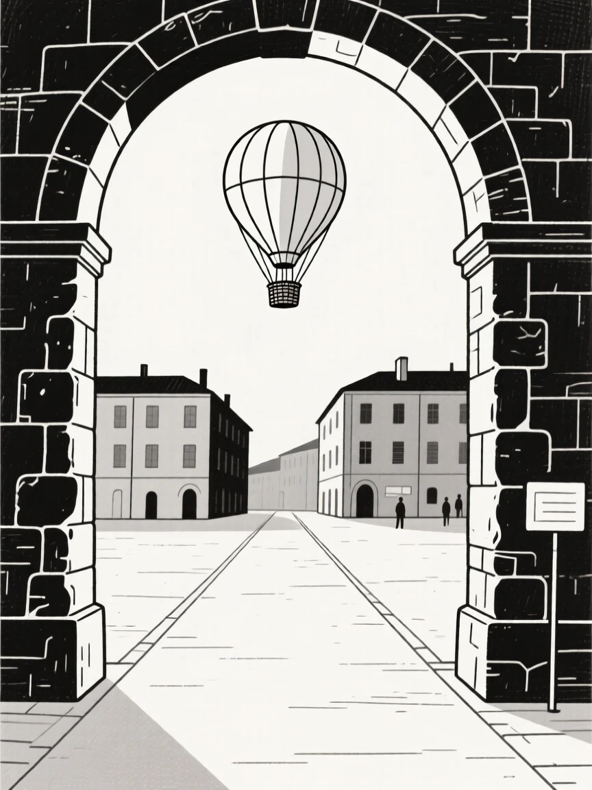 A journey through an European old town square toward a hot air balloon rising, passing weathered stone archways, full of timeless nostalgia.
