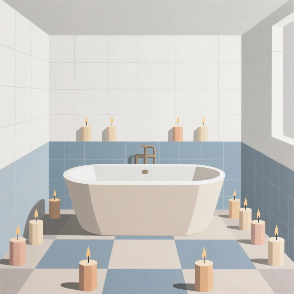 A bathroom with candles around a bathtub
