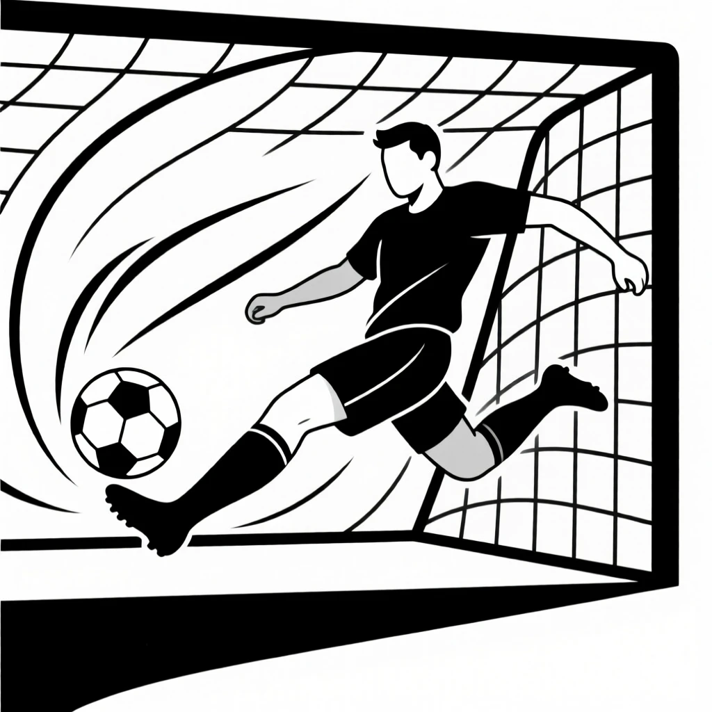 A soccer player scoring a dramatic goal.