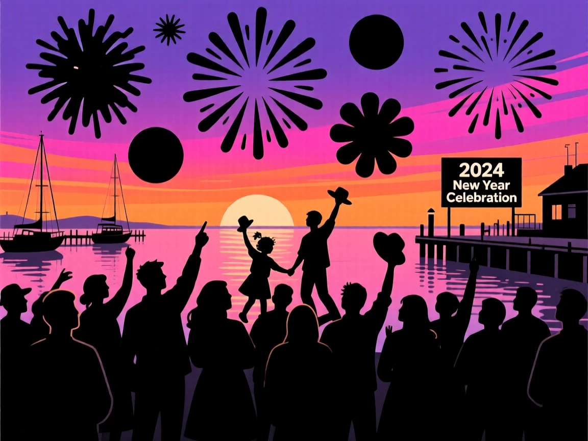 A New Year's Eve crowd watching fireworks burst above a harbor.