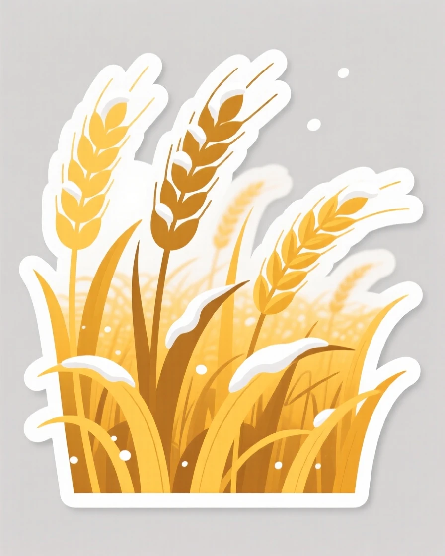 A majestic field of golden wheat swaying in the wind, dusted with a light layer of fresh snow, perfect for a moment of quiet reflection.