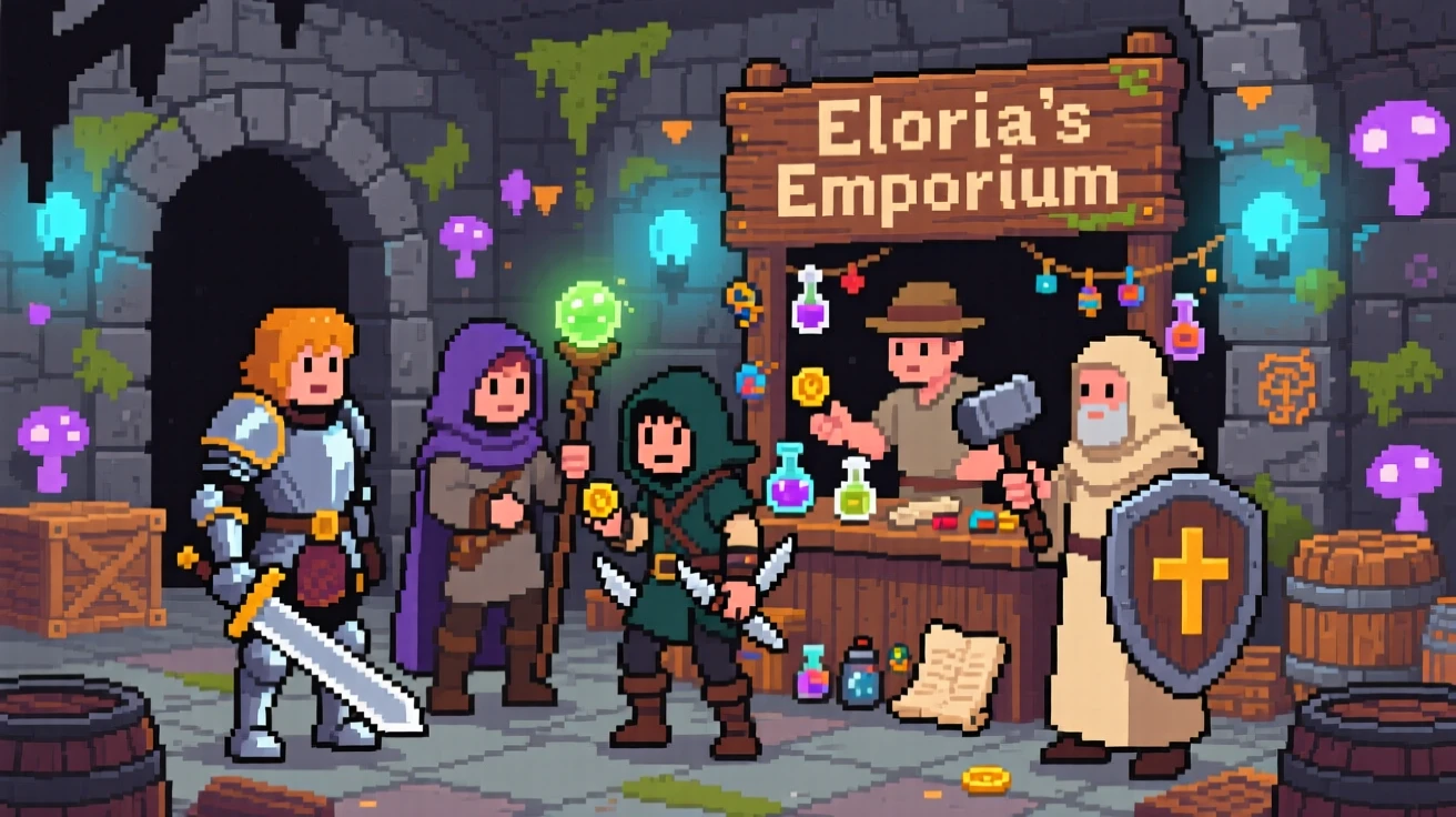 A party of four adventurers trading with a merchant in a busy town square, within a sprawling underground dungeon.