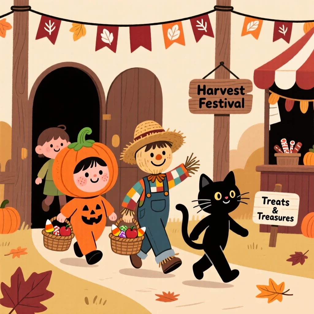 Children in colorful costumes carry baskets of treats through a autumn fairground decorated for a harvest festival, giggling at every doorway.