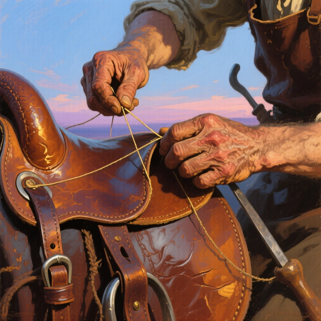 A tightly framed close-up of a leatherworker stitching a saddle by hand, under a clear blue sky, at dusk.