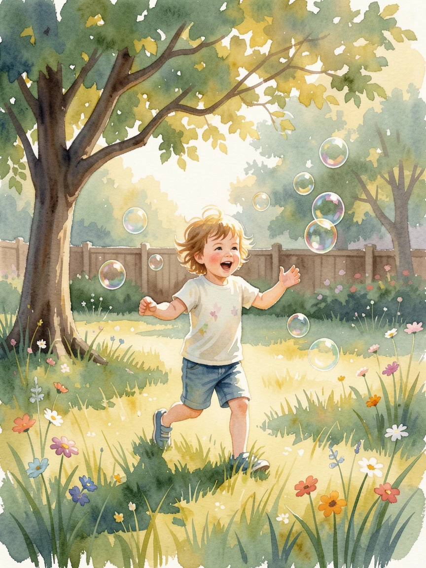 A child chasing bubbles in a sunlit yard with laughter filling the air.