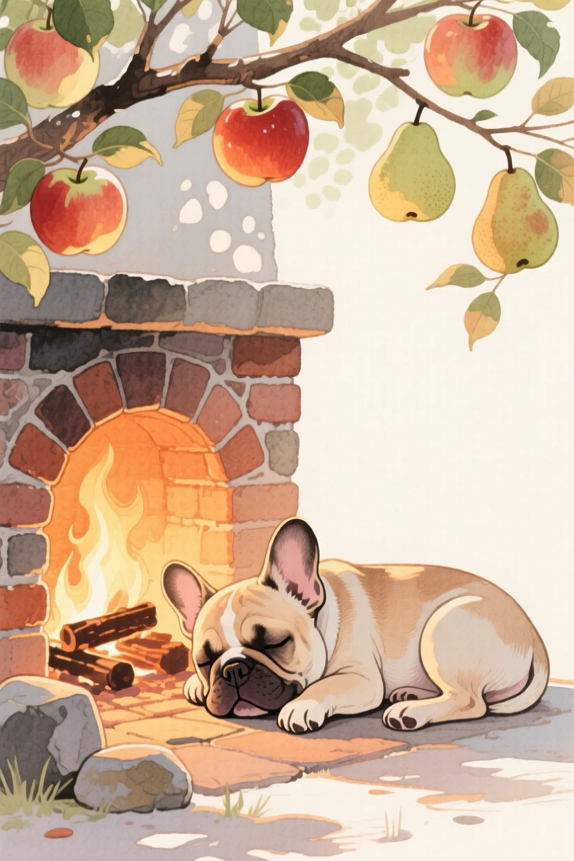 A French bulldog puppy dozes beside a warm hearth in an orchard heavy with fruit, while soft light filters through nearby leaves
