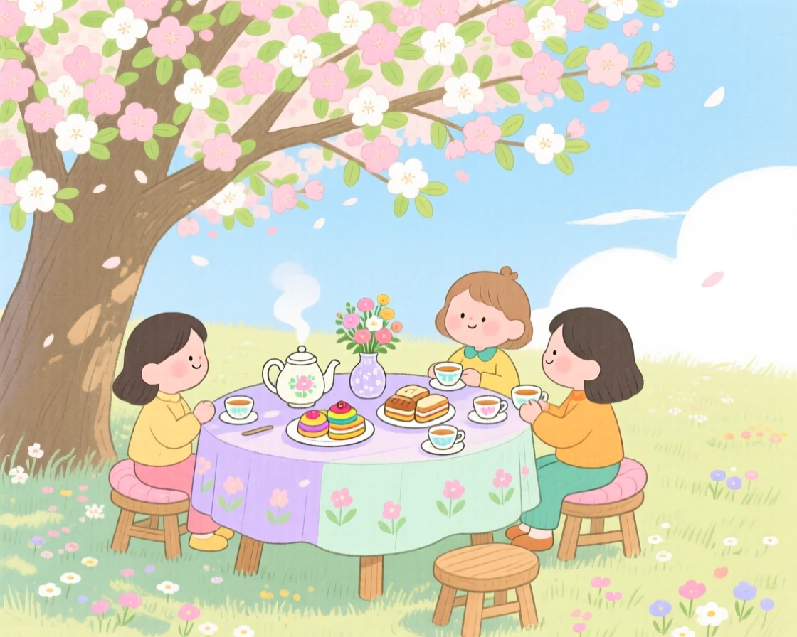 A peaceful view of a tea party set up under a blossoming tree.