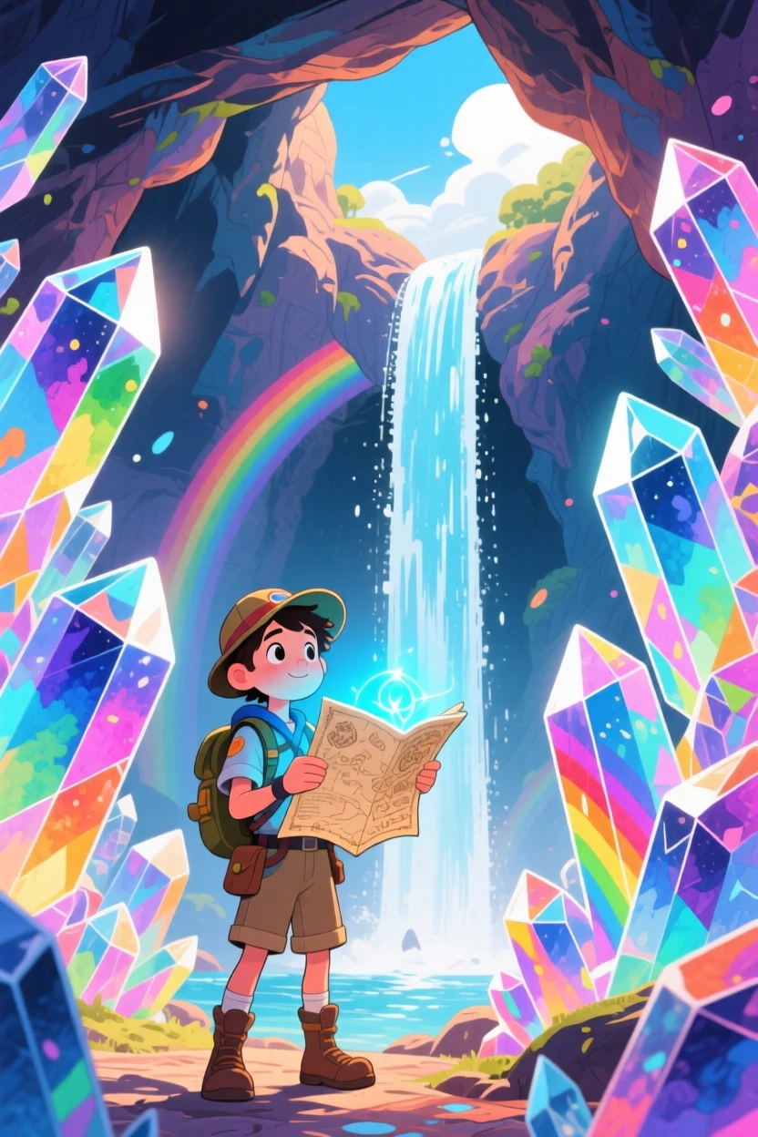 A young adventurer with a magic map discovering a hidden waterfall that flows upward into the sky, in a crystal cave shimmering with rainbow light, radiating hope and heroic determination.