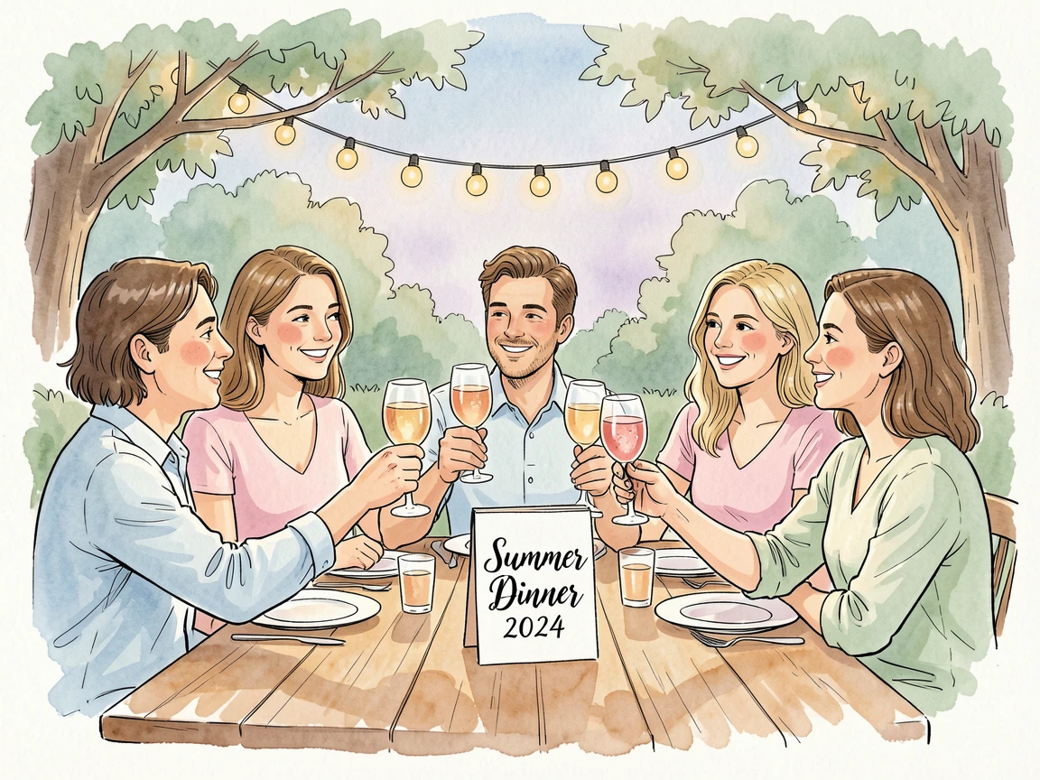 A group of friends toasting together at an outdoor summer dinner party, gentle expressions capturing a fleeting, genuine moment.