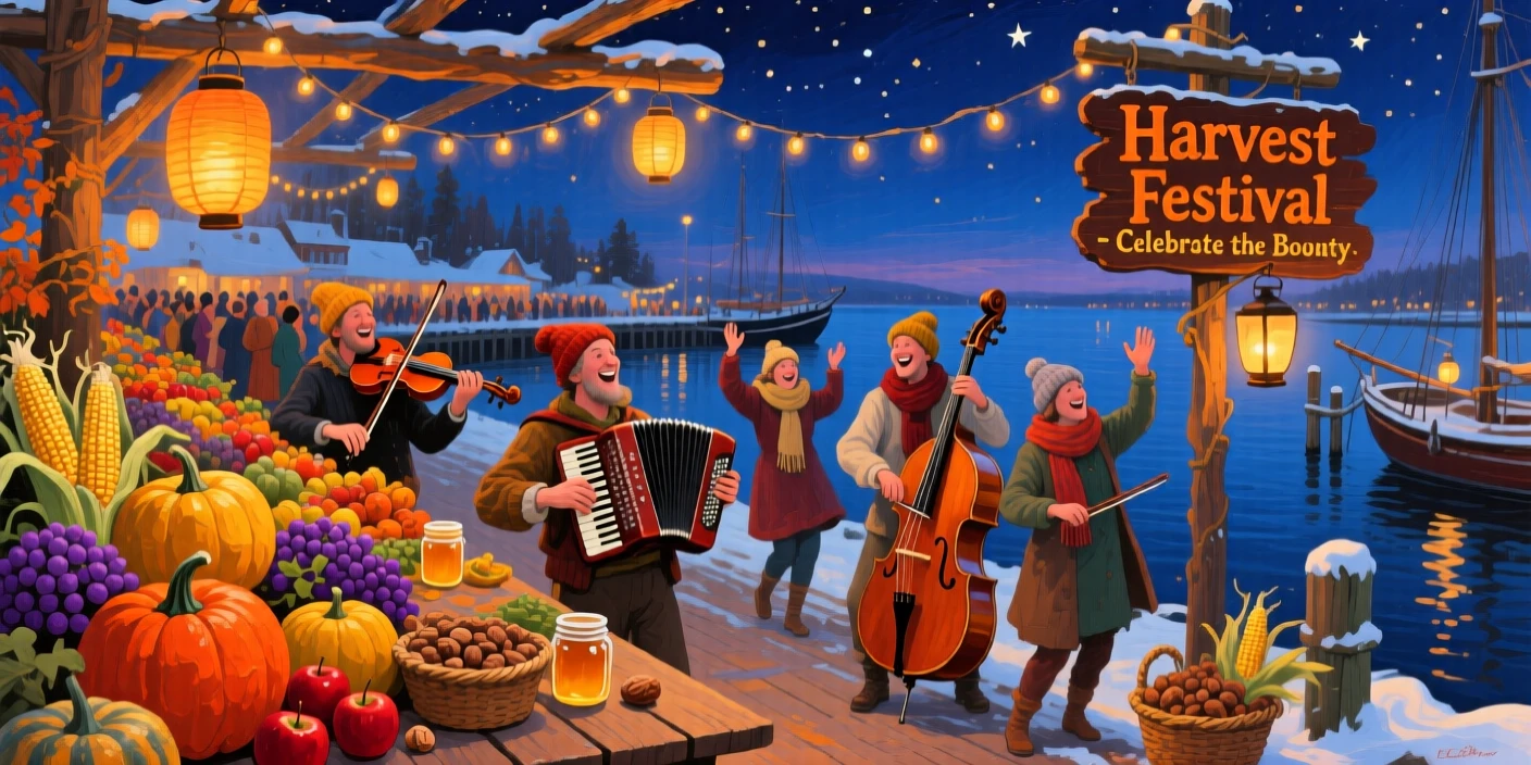 A harvest festival with tables laden with autumn produce, along a harbor lit up for a nighttime celebration, musicians playing lively music for dancing crowds, on a crisp winter evening.