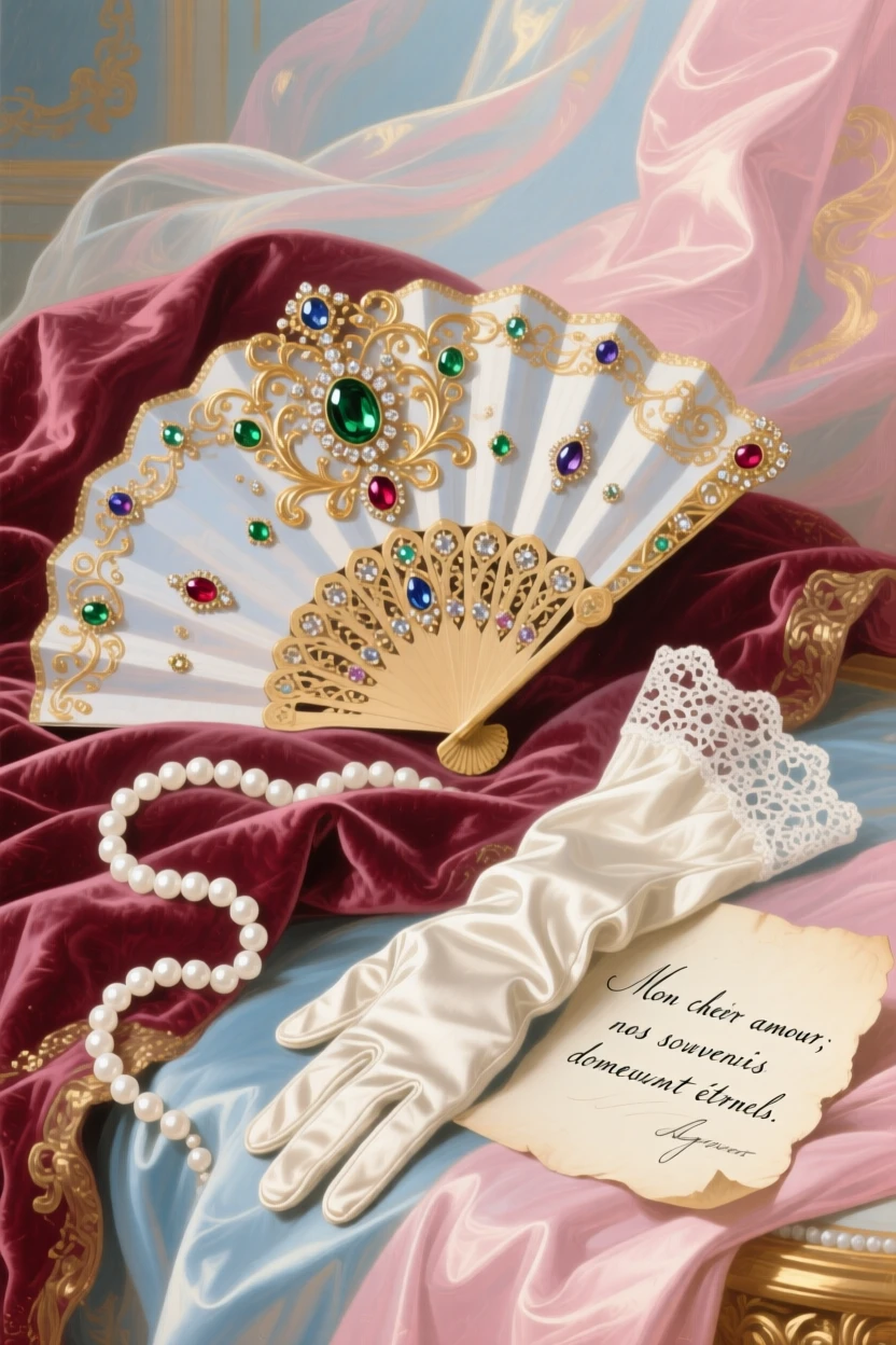 A jeweled fan resting on velvet beside pearls, gloves, and a handwritten note  