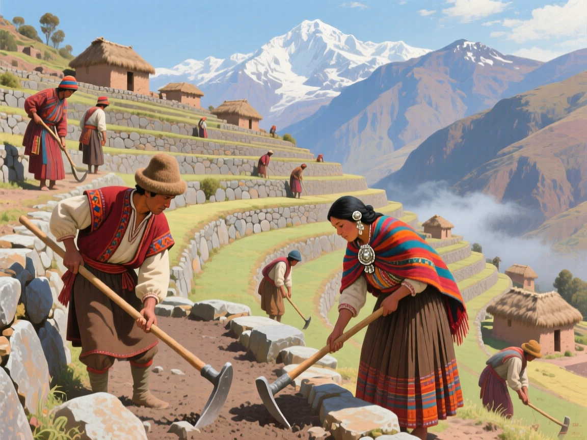 Inca villagers terracing a mountainside for agriculture beneath towering peaks, with rich period-accurate clothing, tools, and architecture throughout, designed to feel both historically authentic and visually striking