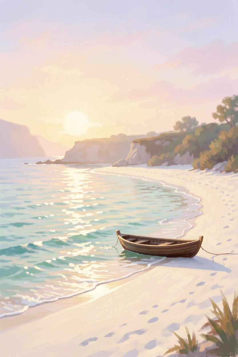 A secluded cove reachable only by boat, turquoise water lapping against a crescent of white sand, under a glowing sunset sky.