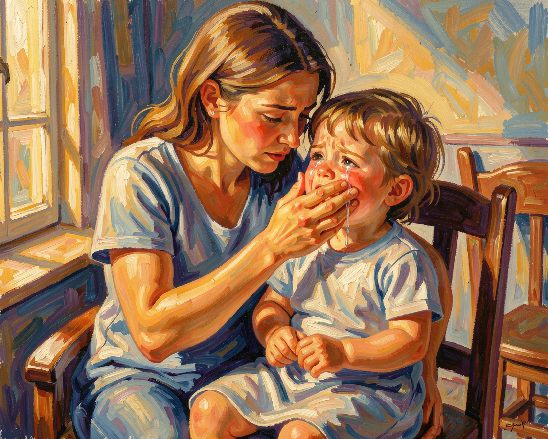 A mother comforting her crying child, gently wiping away tears in soft afternoon light.
