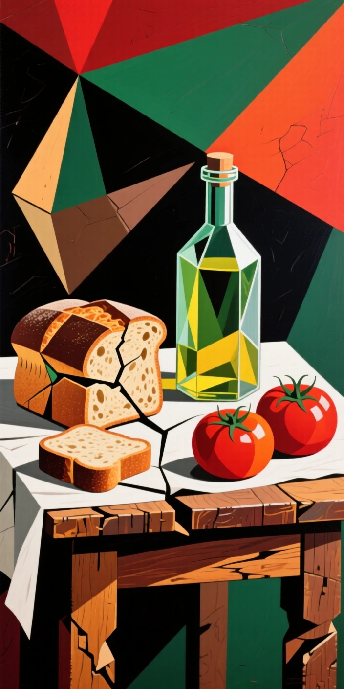 A rustic table spread with fresh baked bread, olive oil, and ripe tomatoes.