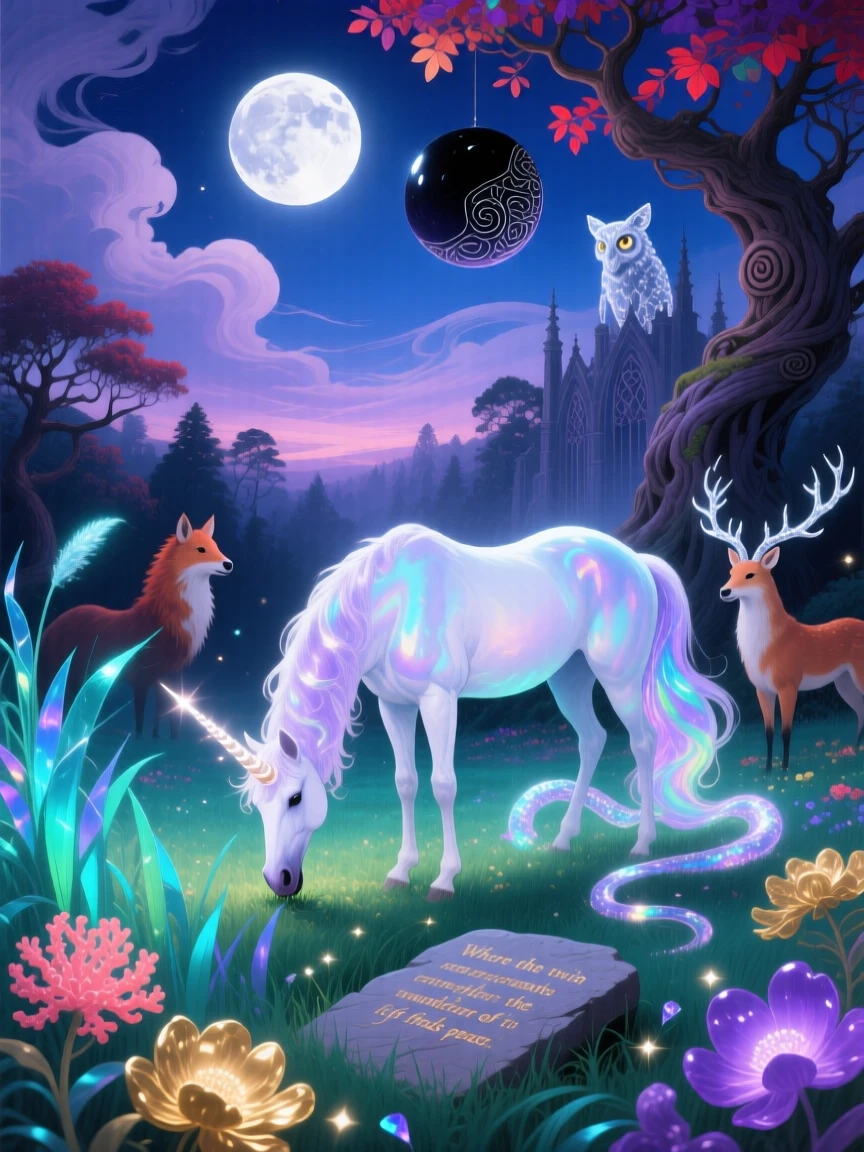 A unicorn grazing quietly in a meadow lit by twin moons drifts quietly along the edge of a moonlit forest, while wisps of light curl gently around its form.