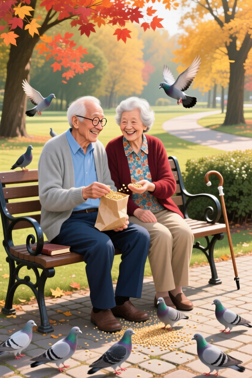 Two elderly friends sit on a park bench feeding pigeons, decades of friendship visible in their easy laughter and comfortable silence together, the surrounding environment framing them naturally without overwhelming the human focus of the scene.